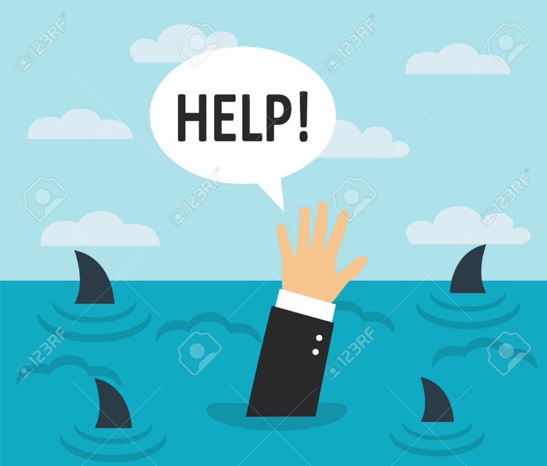 81507625-businessman-drowning-in-the-sea-with-sharks-on-the-surface-of-the-water-a-man-s-hand-asks-for-help